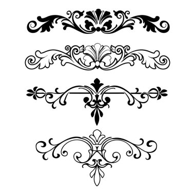Beyaz arkaplanda Barok tarzı kaligrafi süslemelerinin zarif vektör seti. Klasik tasarımlar, davetiyeler, logolar ve dekoratif projeler için mükemmel..