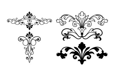 Beyaz arkaplanda Barok tarzı kaligrafi süslemelerinin zarif vektör seti. Klasik tasarımlar, davetiyeler, logolar ve dekoratif projeler için mükemmel..