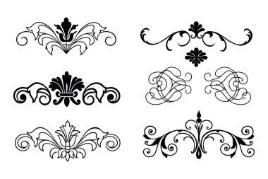 Beyaz arkaplanda Barok tarzı kaligrafi süslemelerinin zarif vektör seti. Klasik tasarımlar, davetiyeler, logolar ve dekoratif projeler için mükemmel..