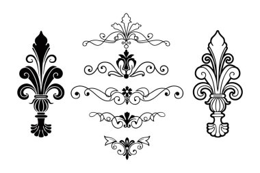 Beyaz arkaplanda Barok tarzı kaligrafi süslemelerinin zarif vektör seti. Klasik tasarımlar, davetiyeler, logolar ve dekoratif projeler için mükemmel..