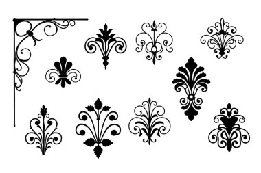 Beyaz arkaplanda Barok tarzı kaligrafi süslemelerinin zarif vektör seti. Klasik tasarımlar, davetiyeler, logolar ve dekoratif projeler için mükemmel..