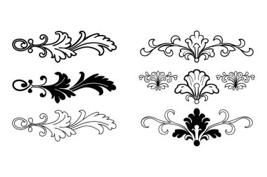 Beyaz arkaplanda Barok tarzı kaligrafi süslemelerinin zarif vektör seti. Klasik tasarımlar, davetiyeler, logolar ve dekoratif projeler için mükemmel..