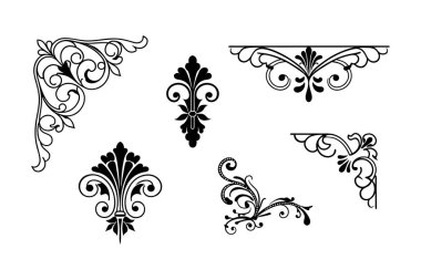 Beyaz arkaplanda Barok tarzı kaligrafi süslemelerinin zarif vektör seti. Klasik tasarımlar, davetiyeler, logolar ve dekoratif projeler için mükemmel..