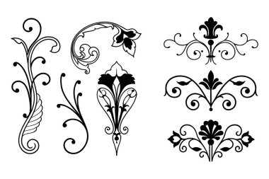 Beyaz arkaplanda Barok tarzı kaligrafi süslemelerinin zarif vektör seti. Klasik tasarımlar, davetiyeler, logolar ve dekoratif projeler için mükemmel..