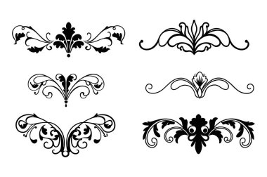 Beyaz arkaplanda Barok tarzı kaligrafi süslemelerinin zarif vektör seti. Klasik tasarımlar, davetiyeler, logolar ve dekoratif projeler için mükemmel..