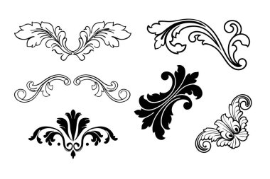 Beyaz arkaplanda Barok tarzı kaligrafi süslemelerinin zarif vektör seti. Klasik tasarımlar, davetiyeler, logolar ve dekoratif projeler için mükemmel..