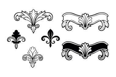 Beyaz arkaplanda Barok tarzı kaligrafi süslemelerinin zarif vektör seti. Klasik tasarımlar, davetiyeler, logolar ve dekoratif projeler için mükemmel..