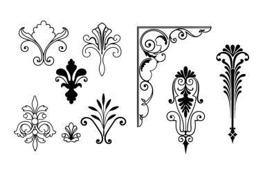 Beyaz arkaplanda Barok tarzı kaligrafi süslemelerinin zarif vektör seti. Klasik tasarımlar, davetiyeler, logolar ve dekoratif projeler için mükemmel..