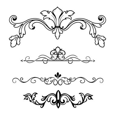 Beyaz arkaplanda Barok tarzı kaligrafi süslemelerinin zarif vektör seti. Klasik tasarımlar, davetiyeler, logolar ve dekoratif projeler için mükemmel..