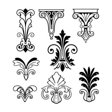 Beyaz arkaplanda Barok tarzı kaligrafi süslemelerinin zarif vektör seti. Klasik tasarımlar, davetiyeler, logolar ve dekoratif projeler için mükemmel..