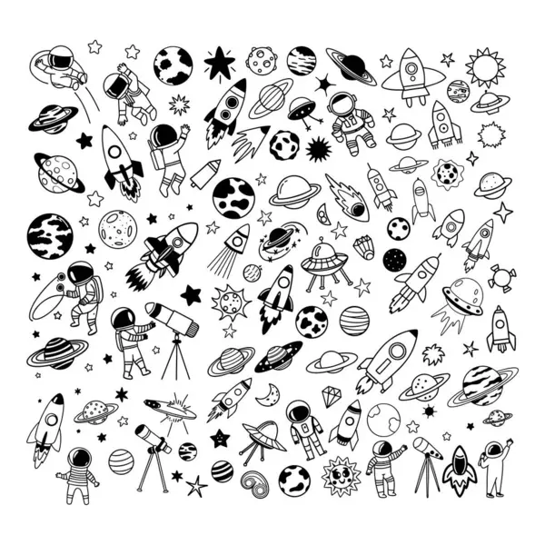 Evreni, gezegenler, roketler, astronotlar ve dijital ya da basım için daha temiz, minimalist bir tarzda yer alan bu dış uzay çizgisi sanat ve etiket setiyle keşfedin..
