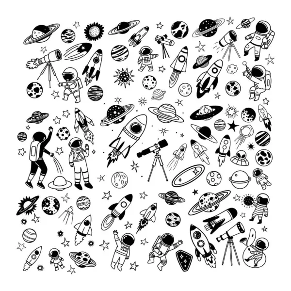 Evreni, gezegenler, roketler, astronotlar ve dijital ya da basım için daha temiz, minimalist bir tarzda yer alan bu dış uzay çizgisi sanat ve etiket setiyle keşfedin..