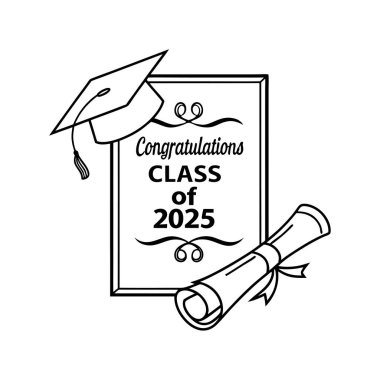 Mezunları, kart, poster ve mezuniyet süslemeleri için mükemmel bir kep, diploma ve el yazısı olan 2025 mezuniyet tabelasıyla kutlayın..