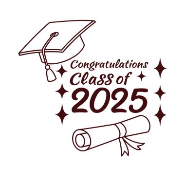 Mezunları, kart, poster ve mezuniyet süslemeleri için mükemmel bir kep, diploma ve el yazısı olan 2025 mezuniyet tabelasıyla kutlayın..