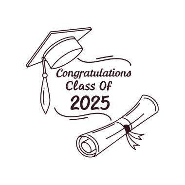 Mezunları, kart, poster ve mezuniyet süslemeleri için mükemmel bir kep, diploma ve el yazısı olan 2025 mezuniyet tabelasıyla kutlayın..
