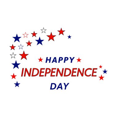 Kırmızı ve mavi yıldızlı 4 Temmuz tabelası. Bağımsızlık Günü posterleri, afişler, el ilanları ve tebrik kartları için mükemmel. Amerikan gururunu bu vatansever vektörle kutlayın..