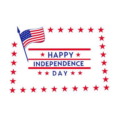 Kırmızı ve mavi yıldızlı 4 Temmuz tabelası. Bağımsızlık Günü posterleri, afişler, el ilanları ve tebrik kartları için mükemmel. Amerikan gururunu bu vatansever vektörle kutlayın..