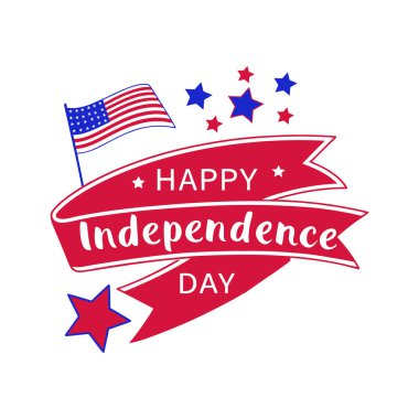 Kırmızı ve mavi yıldızlı 4 Temmuz tabelası. Bağımsızlık Günü posterleri, afişler, el ilanları ve tebrik kartları için mükemmel. Amerikan gururunu bu vatansever vektörle kutlayın..