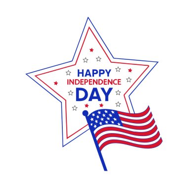 Kırmızı ve mavi yıldızlı 4 Temmuz tabelası. Bağımsızlık Günü posterleri, afişler, el ilanları ve tebrik kartları için mükemmel. Amerikan gururunu bu vatansever vektörle kutlayın..