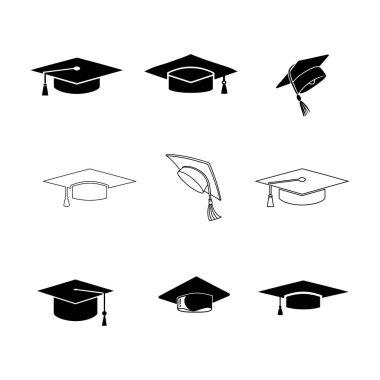 Mezuniyet şapkaları içeren temiz ve minimal vektör simgesi seti. Eğitim tasarımları, okul projeleri, davetiyeler veya başarı temalı grafikler için idealdir. Yüksek kalite ve kullanımı kolay.