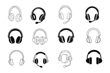 Modern bir düz kulaklık ve kulaklık seti. Müzik, ses uygulamaları, internet ve teknoloji projeleri için mükemmel. Profesyonel kullanım için izole vektör çizimleri.