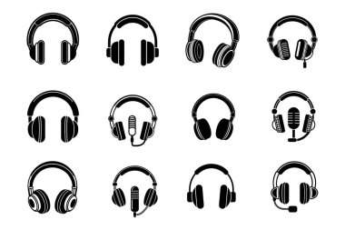 Modern bir düz kulaklık ve kulaklık seti. Müzik, ses uygulamaları, internet ve teknoloji projeleri için mükemmel. Profesyonel kullanım için izole vektör çizimleri.