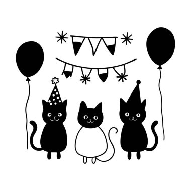 Parti şapkaları ve balonları olan renkli çizgi film kedilerinin eğlenceli ve şenlikli vektör çizimi, beyaz arka planda uluslararası kedi günü tasarımları için mükemmel..