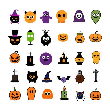 Eğlenceli ve ürkütücü cadılar bayramı karalama elementleri vektör stilinde. İçinde balkabakları, hayaletler, yarasalar ve daha fazlası var! Çıkartmalar, dekorasyonlar ve mevsimlik tasarımlar için mükemmel..