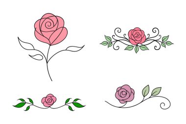 Yapraklı pembe bir gülün soyut bir çizimi. Dekoratif yatay çiçek süsü çerçeveler, davetiyeler ve tasarım şablonları için mükemmel. Beyaz arkaplanda vektör.