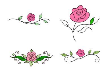 Yapraklı pembe bir gülün soyut bir çizimi. Dekoratif yatay çiçek süsü çerçeveler, davetiyeler ve tasarım şablonları için mükemmel. Beyaz arkaplanda vektör.