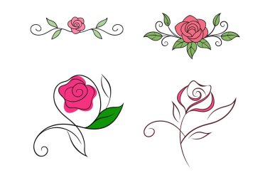 Yapraklı pembe bir gülün soyut bir çizimi. Dekoratif yatay çiçek süsü çerçeveler, davetiyeler ve tasarım şablonları için mükemmel. Beyaz arkaplanda vektör.