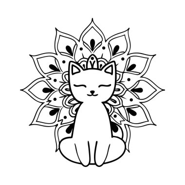 Karmaşık mandala desenleriyle meditasyon yapan bir kedinin vektör çizimi, Uluslararası Kedi Günü tasarımları için mükemmel. Beyaz arkaplanda minimalist çizgi sanatı.
