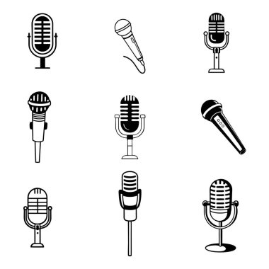 vektör biçiminde izole edilmiş siyah mikrofon simgelerinin bir koleksiyonu, ses, podcast, müzik ve temalı dijital tasarımlar ve yaratıcı projeler için mükemmel.