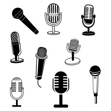 vektör biçiminde izole edilmiş siyah mikrofon simgelerinin bir koleksiyonu, ses, podcast, müzik ve temalı dijital tasarımlar ve yaratıcı projeler için mükemmel.