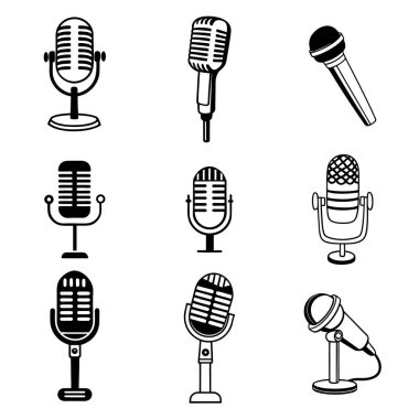 vektör biçiminde izole edilmiş siyah mikrofon simgelerinin bir koleksiyonu, ses, podcast, müzik ve temalı dijital tasarımlar ve yaratıcı projeler için mükemmel.