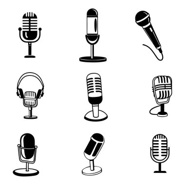 vektör biçiminde izole edilmiş siyah mikrofon simgelerinin bir koleksiyonu, ses, podcast, müzik ve temalı dijital tasarımlar ve yaratıcı projeler için mükemmel.