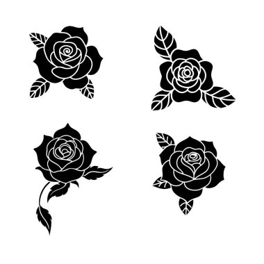 Zarif çiçek unsurları içeren çarpıcı bir siluet gül seti, logolar, davetiyeler, dövmeler ve hem modern hem de klasik tarzda dekoratif sanat eserleri için mükemmel..