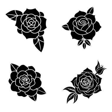 Zarif çiçek unsurları içeren çarpıcı bir siluet gül seti, logolar, davetiyeler, dövmeler ve hem modern hem de klasik tarzda dekoratif sanat eserleri için mükemmel..