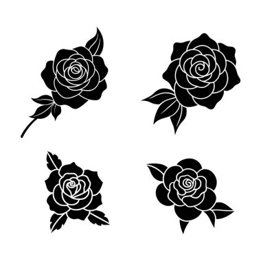 Zarif çiçek unsurları içeren çarpıcı bir siluet gül seti, logolar, davetiyeler, dövmeler ve hem modern hem de klasik tarzda dekoratif sanat eserleri için mükemmel..