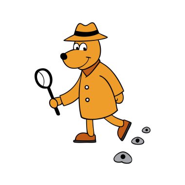 Büyüteçle ipucu arayan sevimli bir çizgi film dedektifi köpeği. Çocuk temaları, hikaye kitapları, bulmacalar ya da eğitici tasarımlar için mükemmel. Beyaz arkaplanda izole.