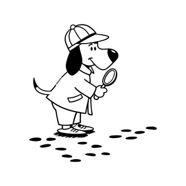 Büyüteçle ipucu arayan sevimli bir çizgi film dedektifi köpeği. Çocuk temaları, hikaye kitapları, bulmacalar ya da eğitici tasarımlar için mükemmel. Beyaz arkaplanda izole.