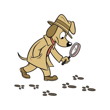 Büyüteçle ipucu arayan sevimli bir çizgi film dedektifi köpeği. Çocuk temaları, hikaye kitapları, bulmacalar ya da eğitici tasarımlar için mükemmel. Beyaz arkaplanda izole.