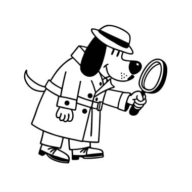 Büyüteçle ipucu arayan sevimli bir çizgi film dedektifi köpeği. Çocuk temaları, hikaye kitapları, bulmacalar ya da eğitici tasarımlar için mükemmel. Beyaz arkaplanda izole.