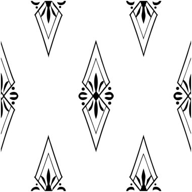 Kalın çizgiler ve simetri içeren kusursuz siyah beyaz Art Deco geometrik deseni. Geçmişler, ambalaj, markalaşma ve geçmişe dönük projeler için ideal.