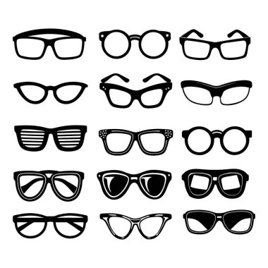 Farklı şekil ve tasarımlarda gözlük çeşitleri. Moda, optik ve vizyon temalı projeler için mükemmel, temiz, izole beyaz arka plan.