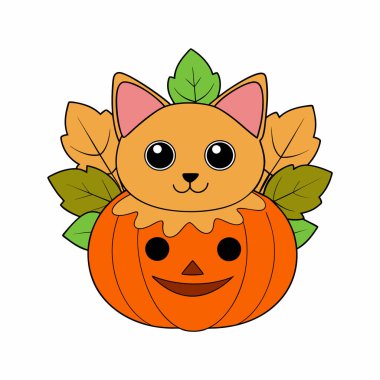 Şapka takan sevimli çizgi film kedisi oyulmuş bir balkabağının içinde flüt çalıyor. Cadılar Bayramı, sonbahar kutlamaları, şenlik dekorları ve yaratıcı tasarım projeleri için mükemmel..