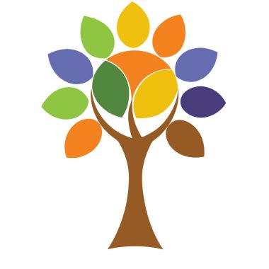 Canlı, doğadan esinlenilmiş bir tasarıma sahip modern renkli ağaç logosu. Vektör sanat tarzında eko markalaşma, yaratıcı projeler ve dijital kimlik için mükemmel..