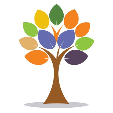 Canlı, doğadan esinlenilmiş bir tasarıma sahip modern renkli ağaç logosu. Vektör sanat tarzında eko markalaşma, yaratıcı projeler ve dijital kimlik için mükemmel..