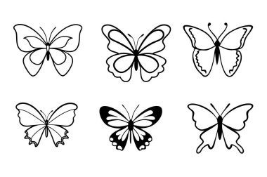 Karmaşık kanat desenleri olan simetrik bir kelebeğin zarif siyah beyaz çizgi sanatı. Dövmeler, duvar sanatı, el sanatları ve yaratıcı tasarım projeleri için mükemmel..