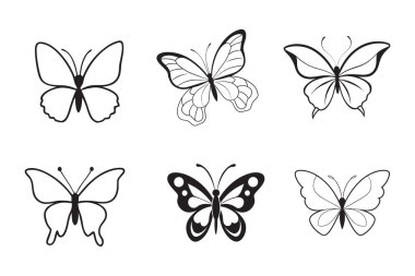 Karmaşık kanat desenleri olan simetrik bir kelebeğin zarif siyah beyaz çizgi sanatı. Dövmeler, duvar sanatı, el sanatları ve yaratıcı tasarım projeleri için mükemmel..